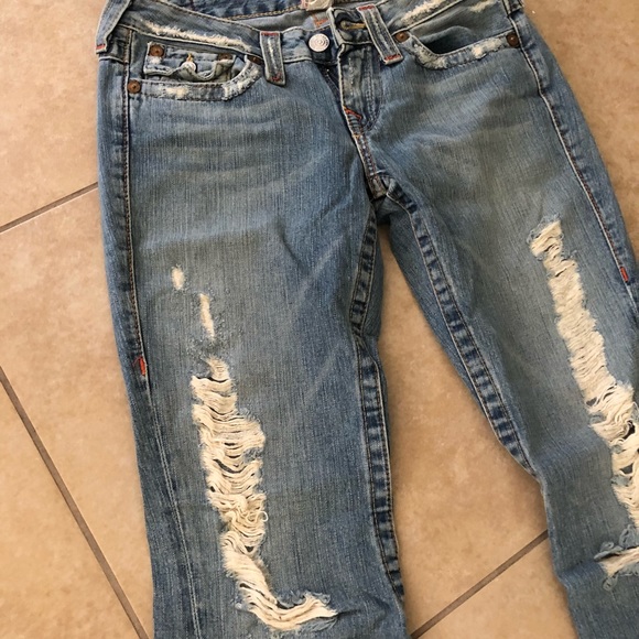 True Religion light wash ripped flare denim pants - Picture 3 of 7